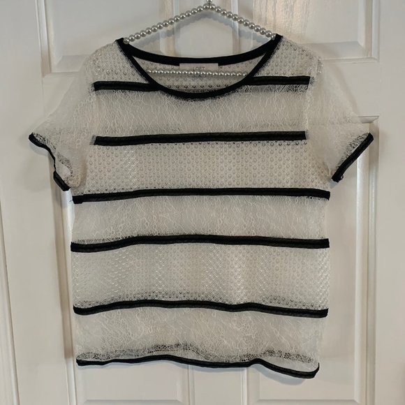 LOFT Tops - LOFT Ladies Striped Sheer Lace Knit Detail Blouse Size M
